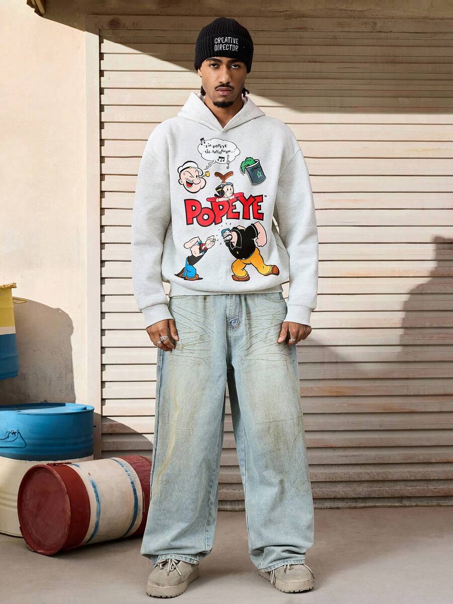 Popeye X SHEIN هودي كاجوال للرجال بطبعات حرفية وكرتونية، خريفي، ملابس علوية بأكمام طويلة - رمادي فاتح - مشاهدة 1