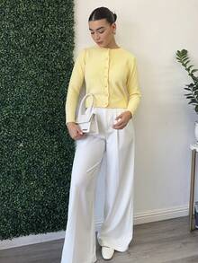 Andrea Bello Women Crew Neck Long Sleeve Single-Breasted Minimalist Elegant Cardigan, Autumn & Winter,Long Sleeve Tops Fall Cloth For Women