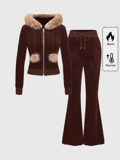 Grunge Punk Damen Samt Patchwork Set mit Kapuze, 2 Stücke