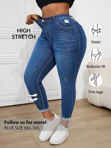Firerie Plus Size Distressed Blue Denim Skinny Jeans - Medium Wash - View 1