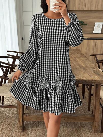 EMERY ROSE Women's Casual Jumpsuit With 3D Floral Decor, Ruffle Hem Plaid Pattern, Autumn/Winter