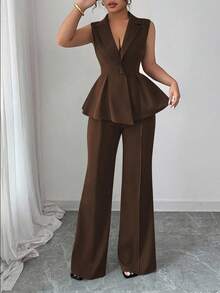 SHEIN Elenzya Bộ vest nữ thanh lịch lãng mạn cổ bẻ không tay cỡ lớn - Cà phê nâu - Xem 3