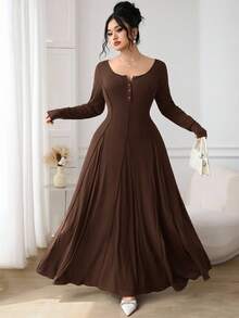 Modelyn Đầm suông dài tay dáng rộng màu trơn có nút cài nửa thân dành cho nữ cỡ lớn - Lạc đà - Xem 1