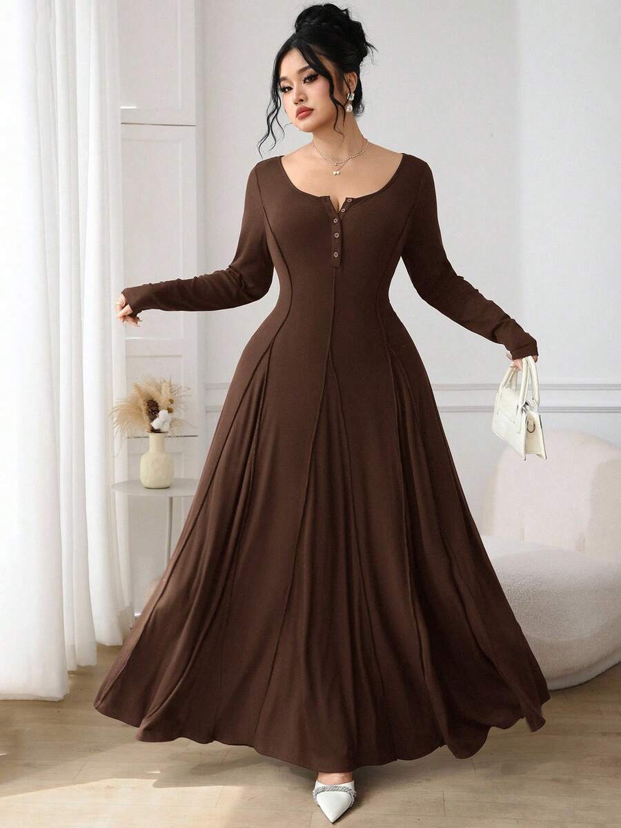 Modelyn Đầm suông dài tay dáng rộng màu trơn có nút cài nửa thân dành cho nữ cỡ lớn - Lạc đà - Xem 1