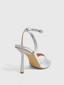 CUCCOO SZL Women's Fashionable Silver Ankle Strap Sexy Strappy Square Toe Stiletto High Heel Sandals, Suitable For Commute, Date, Party, Wedding, Vacation