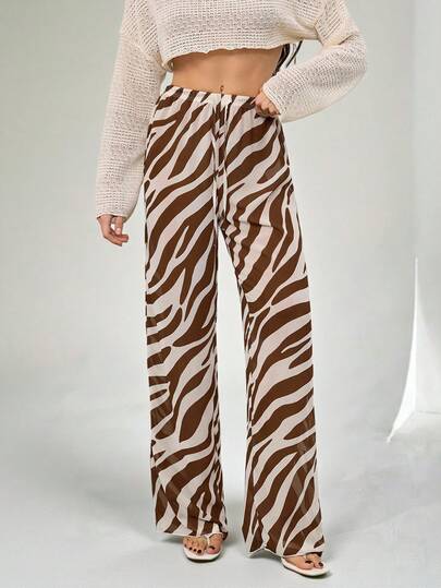 SHEIN Tall Women's New Zebra Print Low Waist Wide Leg Beach Cover Up Pants, Vacation Clothes Vacation Women Beach For Woman Boho Women's Clothing Country Concert , Western Wear Women Leopard Print