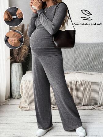 MaterniWear Round Neck Long Sleeve Knit T-Shirt And Adjustable Waist Straight Leg Pants, Women Straight Leg Pants, Autumn Set, Loose Fit Set, Suitable For Baby Shower Gift
