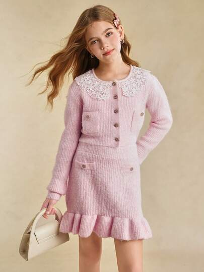 Tween Girl 花卉印花混色雪纺优雅套装，包含粉色蕾丝边开衫和荷叶边毛衣搭配裙子，时尚舒适，适合秋冬穿着