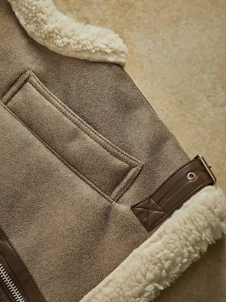 Plus Fleece Thick Suede Leather Patchwork Turn-Down Collar Vest