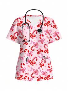 TaskEZ Christmas Casual Candy Cane Print Short Sleeve Scrub Uniform Top - Multicolor - View 1