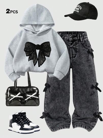 SHEIN ChillGRL 2pcs Girls Set: Soft Hoodie Sweatshirt + Straight Leg Denim Pants, Casual Chic Outfit For Autumn/Winter, Suitable For Daily Wear, School, Commute, Party, Holiday, Back To School