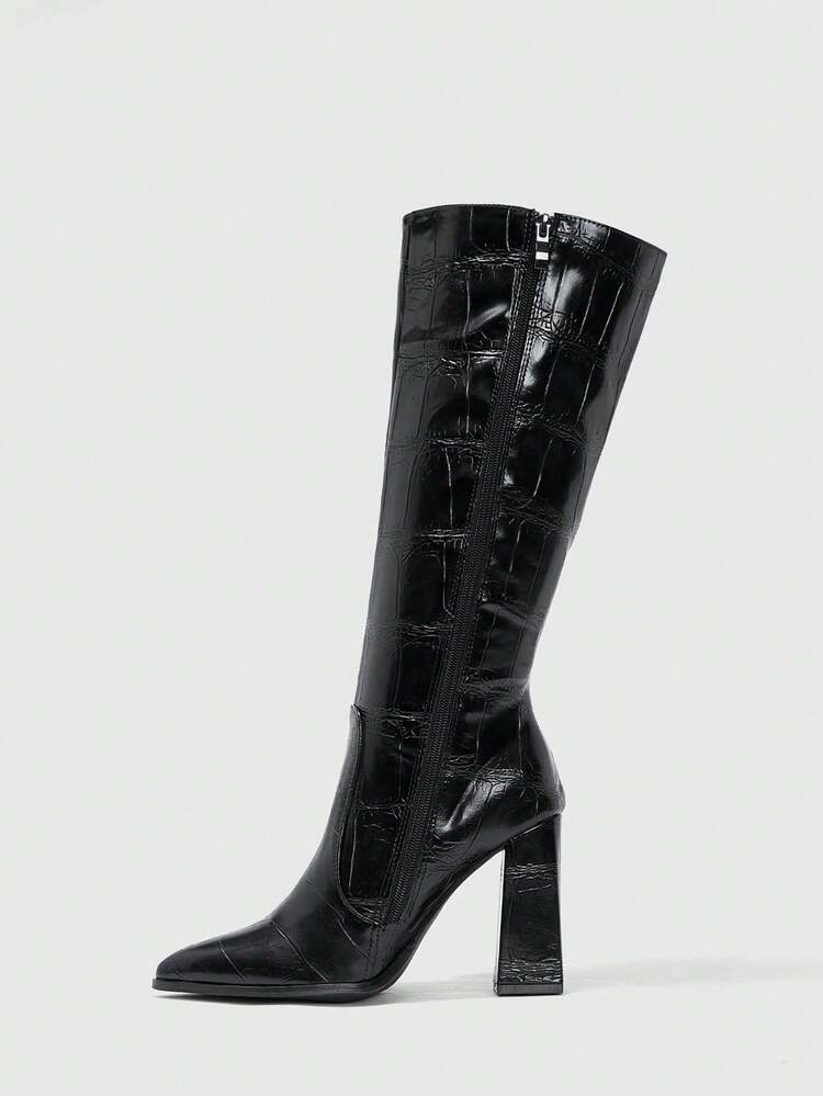 CUCCOO BIZCHIC Botas altas negras de estilo urbano con hebilla y estampado de piel de serpiente, de punta afilada y tacón grueso, elegantes botas de mujer de estilo versátil y de moda que muestran el encanto femenino y la elegancia