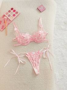 Bonmuse Ensemble de soutien-gorge en dentelle transparente à lacets avec broderie florale , lingerie pour femmes, idéal pour la Saint-Valentin, soutien-gorge ultra-fin kawaii