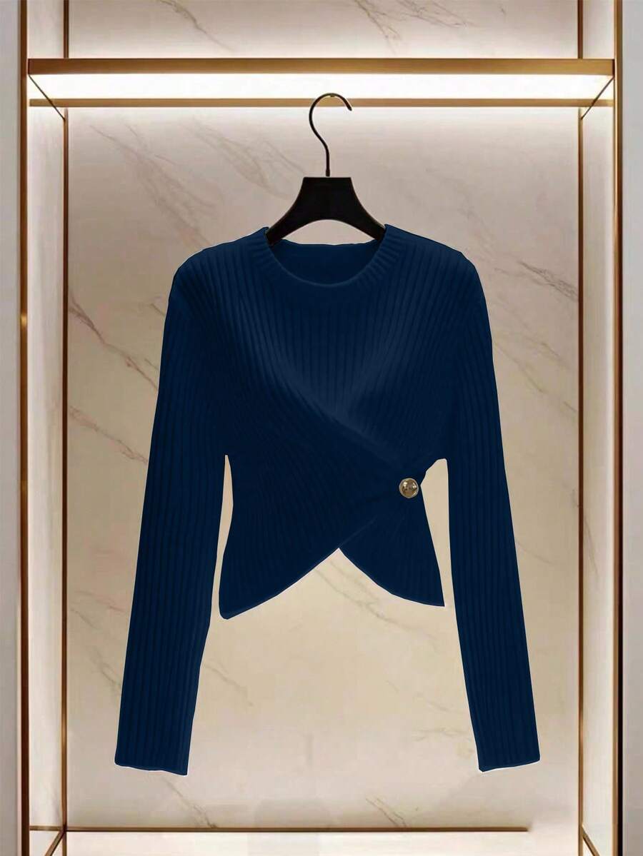 Franclia 时尚新款独特白色柔软针织设计装饰纽扣长袖女式T恤 - 寶藍色 - 查看 1