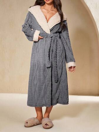 Anewsta Lazeform Color Block Hooded Long Sleeve Fleece Fluffy Robe For Women, Fall Winter