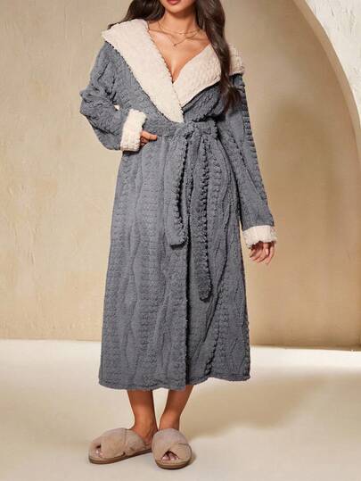 Anewsta Lazeform 女士撞色连帽长袖抓绒蓬松睡袍，秋冬款