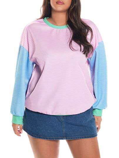 Solavibe 休闲简约拼色条纹圆领宽松短袖连帽卫衣，适合秋冬季