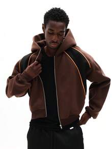 SUMWON Crop Fit Men's Oversized Full Zip Hoodie With Ribbed Cuffs And Color Block Design For Casual Wear - Brown - View 4