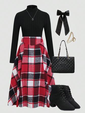 SHEIN 少女纯色高领长袖罗纹T恤和格子迷你裙休闲套装