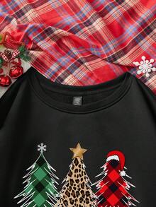 SHEIN LUNE Christmas Tree & Leopard Print Pattern Loose Fit Crew Neck Long Sleeve Sweatshirt For Women, Suitable For Party, New Year, Autumn/Winter - Black - View 3