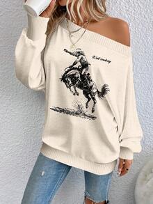 EMERY ROSE 女士休闲露肩马图案毛衣，适合秋冬季节穿着，休闲百搭 - 彩色 - 查看 5