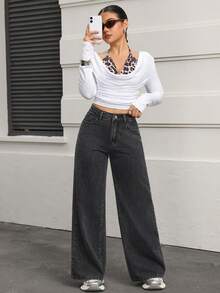 SHEIN PETITE 女式高腰口袋阔腿宽松休闲牛仔裤 - 灰色 - 查看 6