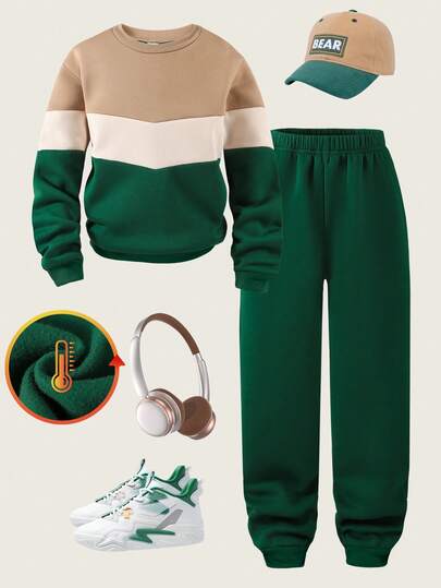 SHEIN Explorewe Boys' Casual Patchwork Thermal Lined Sweatshirt & Sweatpants Set, Suitable For School, Campus, Autumn/Winter