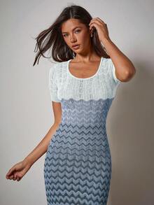 COSMINA Women's Wavy Striped Round Neck Short Sleeve Fitted Knit Dress - Blue - View 4