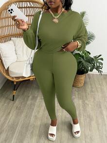 Slaydiva Bộ 2 món áo thun dài tay cổ thuyền màu xanh dương dáng rộng dáng rộng Slayr cỡ lớn kèm quần bó cạp cao - F - xanh quân đội - Xem 3