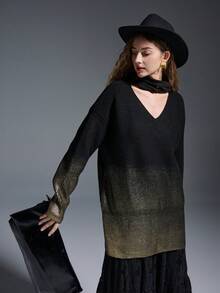 MYSTAURA Sweater Rajut Ombre Modis untuk Wanita, Cocok untuk Beraktivitas Sehari-hari, Musim Gugur/Dingin - Hitam - View 5