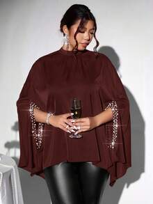 Firerie Mandarin Collar Poncho-Style Loose Batwing Sleeve Blouse With Pearl & Sequin Trim, Elegant Plus Size Women's Shirt For Valentine's Day, Concerts, Performances, Dates, Formal Occasions, Commuting, Back To School, Romantic, Office Wear, Mermaid Style, Birthday Party Cape Top Fall Clothes Plus Size Poncho Top Plus Size Women Clothes Plus Size Top Plus Size Fall Clothes - Rust Brown - View 6