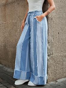 SHEIN Essnce Women's Pocketed Frayed Hem Wide Leg Loose Casual Jeans - Multicolor - View 5