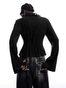 LYSMO 2025年秋季新款简约女式黑色多层荷叶边前系带长袖时尚衬衫 - 黑色 - 查看 2