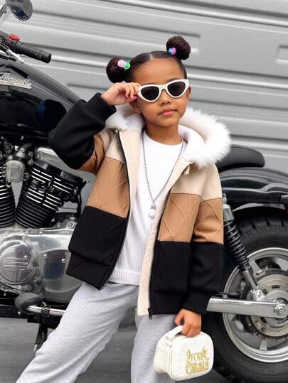 Young Girl Casual Color Block Zip-Up Patchwork Fuzzy Trim Hooded Jacket, Autumn