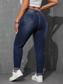 SHEIN ICON Plus Size Fashion Casual Washed Slant Pocket Skinny Jeans - Dark Wash - View 2