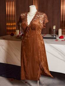 SilkySpell Plus Size Women Sexy Lace & Velvet Nightgown - Brown - View 8