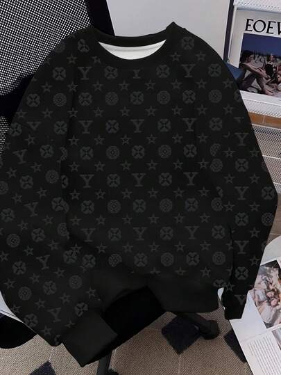 Manfinity Dauomo Y2K Retro American Fashion Minimalist Digital Print Plus Size Crew Neck Sweatshirt For Men, Long Sleeve Top