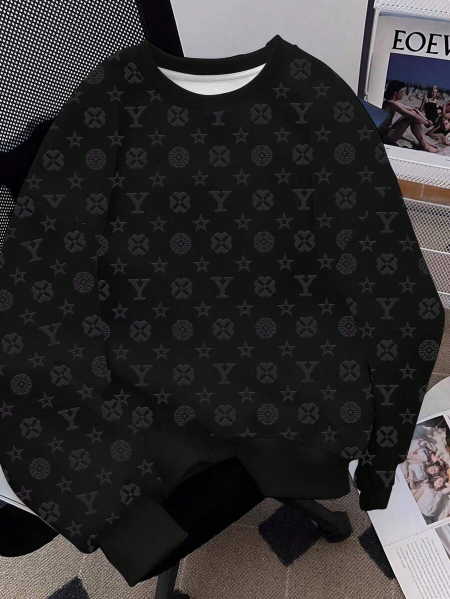 Manfinity Dauomo Y2K Retro American Fashion Minimalist Digital Print Plus Size Crew Neck Sweatshirt For Men, Long Sleeve Top - Black - View 1