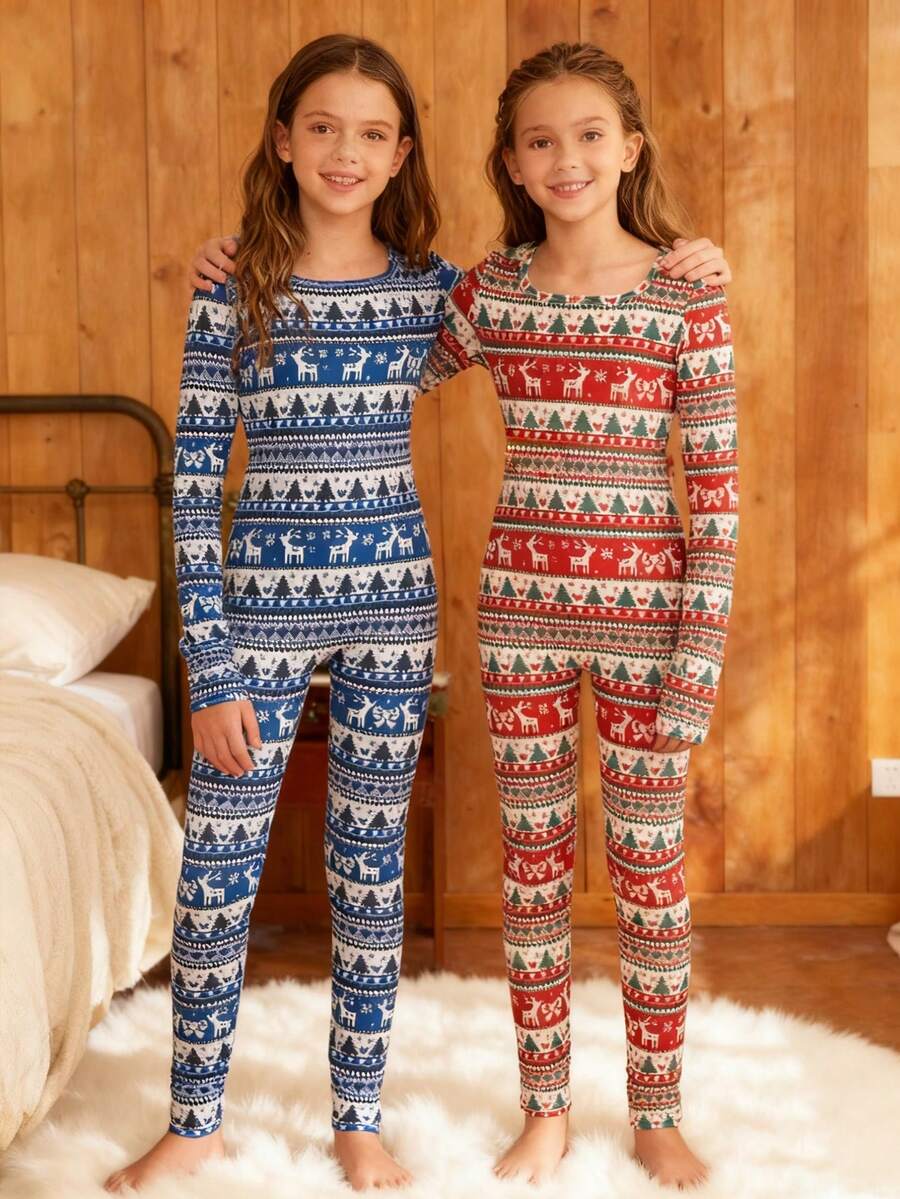 Set de 2 piezas Mono informal básico de deporte y calle con cuello cuadrado y manga larga para niñas preadolescentes - Multicolor - Ver 1