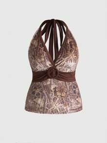 ROMWE J-Fashion 大码千禧复古天鹅绒豹纹挂脖吊带背心，秋冬 - 棕色 - 查看 1