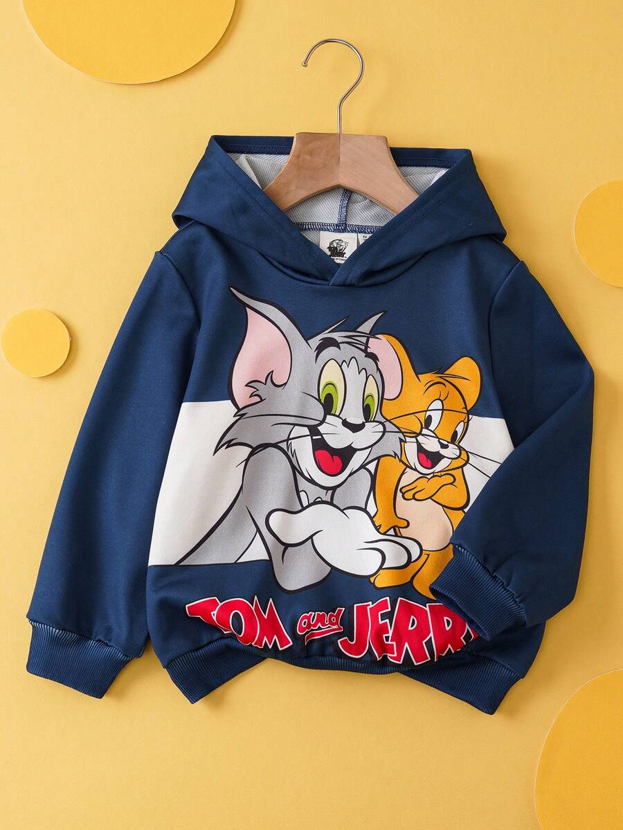 TOM & JERRY X SHEIN 男童卡通图案印花落肩长袖休闲针织卫衣，藏蓝色 - 藍色 - 查看 1