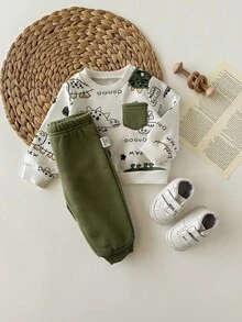 Newborn Baby Boy/Girl Cute Cartoon Pattern Long Sleeve Sweatshirt And Pants Set, Autumn/Winter - Multicolor - View 4