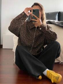 DAZY Women's Leopard Print Loose Casual Denim Jacket - Rust Brown - View 5