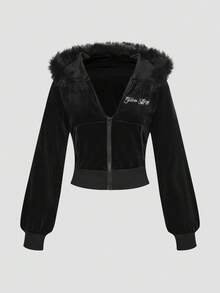 ROMWE Grunge Punk Y2K Velvet Rhinestone Graphic Cropped Hoodie & Low-Rise Flare Pant2 Piecesce Set For Women - Black - View 8