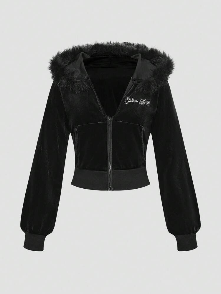 ROMWE Grunge Punk Conjunto de 2 peças com Moletom Cropped de Veludo com Strass Gráfico e Calça Flare de Cintura Baixa para Mulheres - Preto - Visão 8