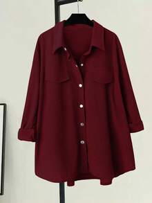 EMERY ROSE Plus Size Casual Corduroy Solid Color Shirt, Autumn - Burgundy - View 1