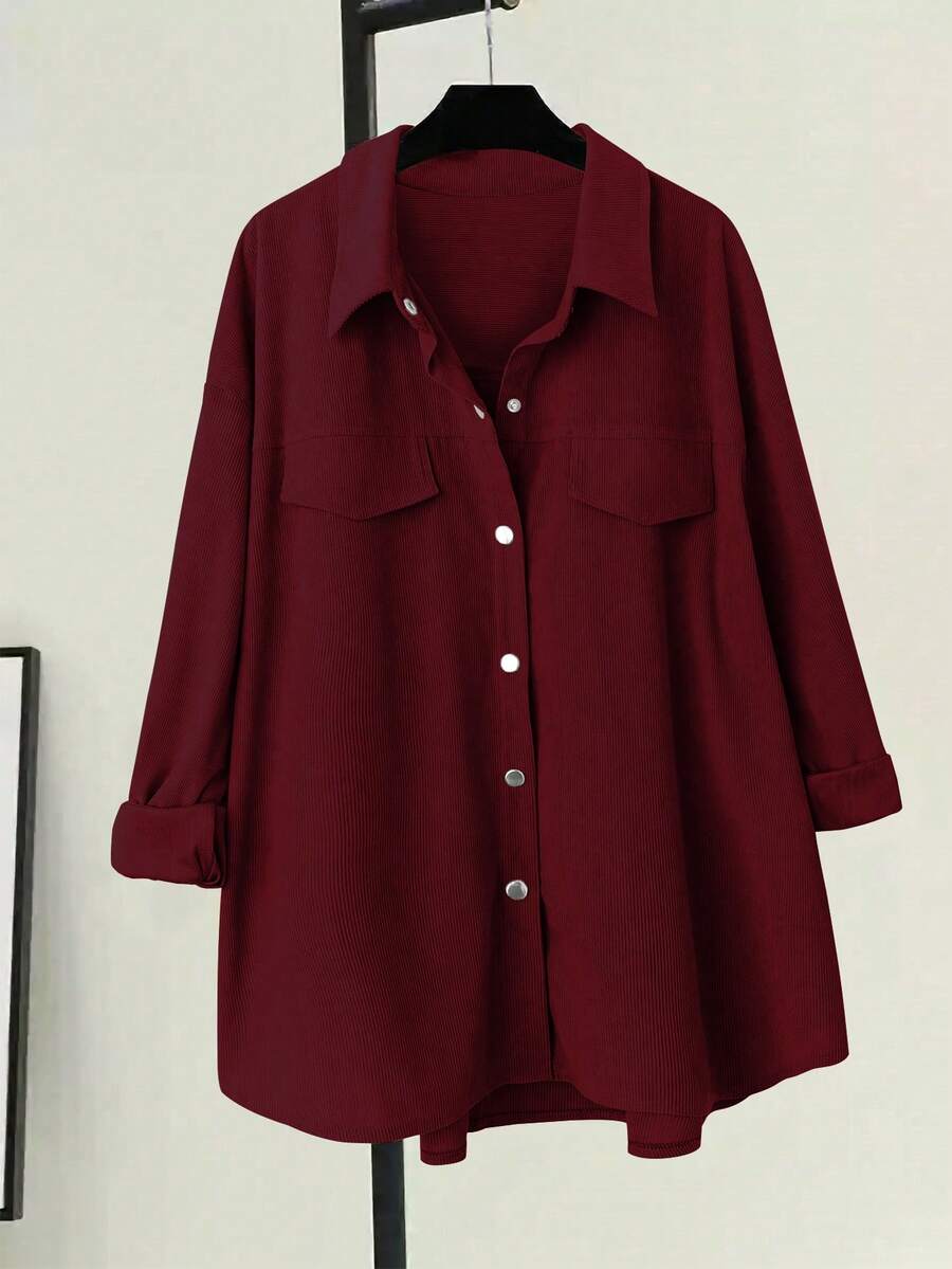 EMERY ROSE Plus Size Casual Corduroy Solid Color Shirt, Autumn - Burgundy - View 1