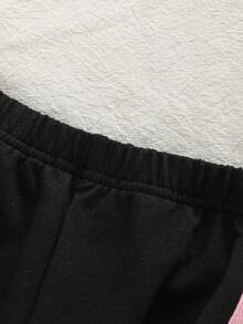 SHEIN Genkimix Kids 2pcs/Set Young Girl Spring & Summer Casual Ribbon Bow Sweatshirt Top & Bowknot Pants Set, Comfy Outfit - Black - View 4