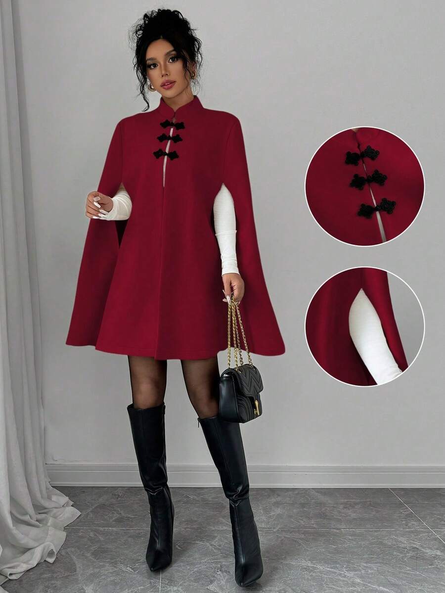 Lyxana 优雅立领撞色中式纽扣斗篷斗篷女款,厚羊毛面料,秋冬 - 酒紅色 - 查看 1