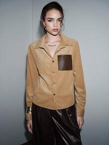 SHEIN LUNE Women's Fashion Corduroy Patchwork Leather Pocket Shirt - Khaki - View 3